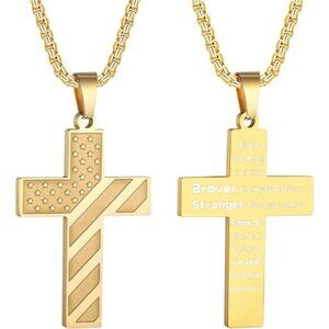 Gold American Flag Cross Necklace for Men Stainless Steel Box Chain 22+2 inch NW